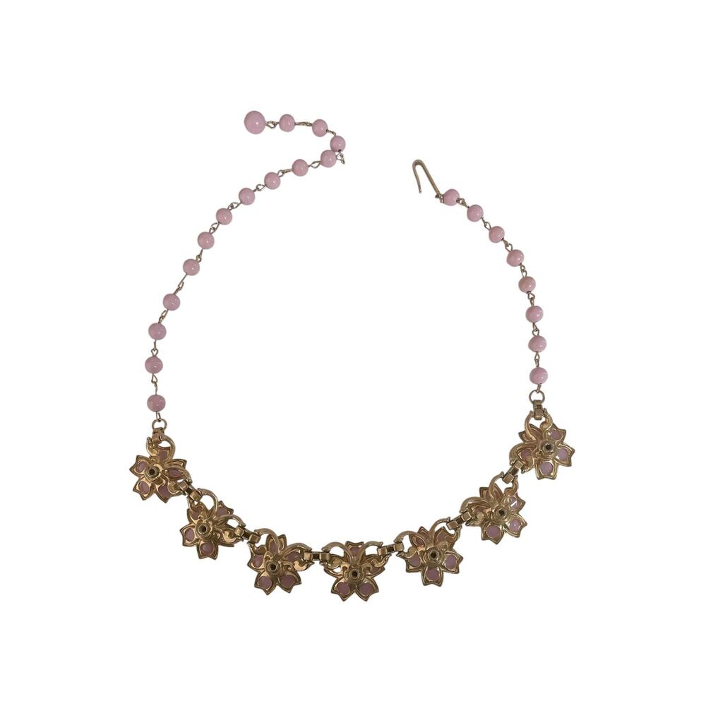 1960s Lavender Thermoset White Rhinestones Flower Adjustable Choker Necklace - Picture 4 of 6